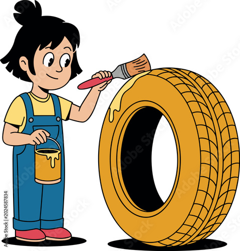 Foto Cute young girl in blue overalls painting a recycled rubber tire with bright yel