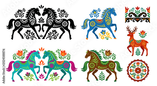 Obraz na płótnie Floral horse and deer ornaments traditional folk art on transparent background