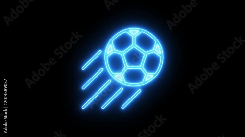 Dynamic glowing neon soccer ball soaring through darkness with electric speed lines - 4K digital animation video on black background.