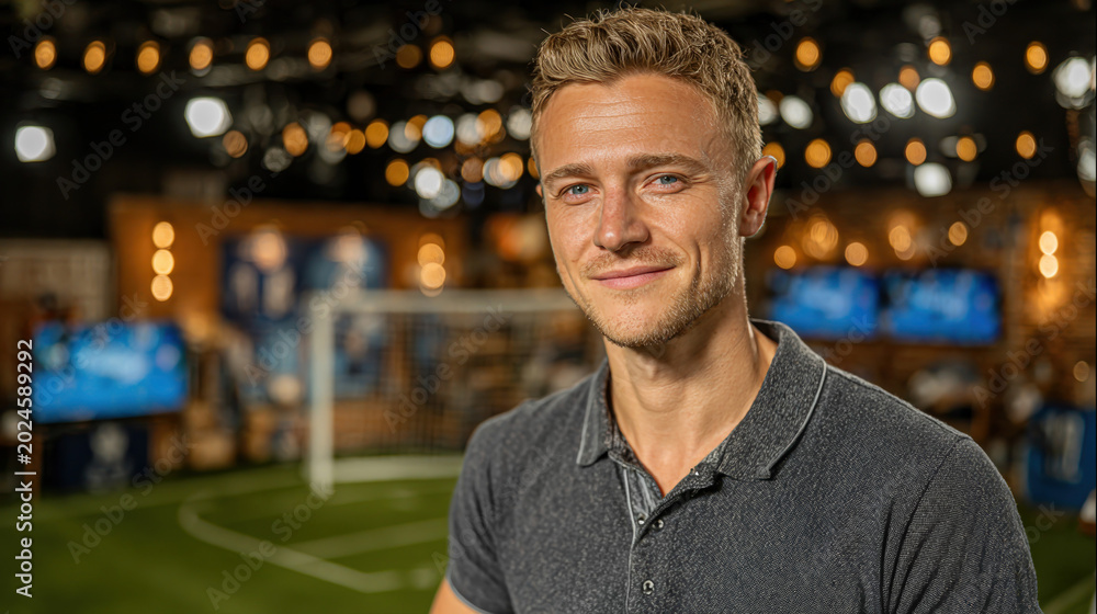 Fototapeta premium Smiling man with short blonde hair and blue eyes standing indoors with blurred sports-themed background