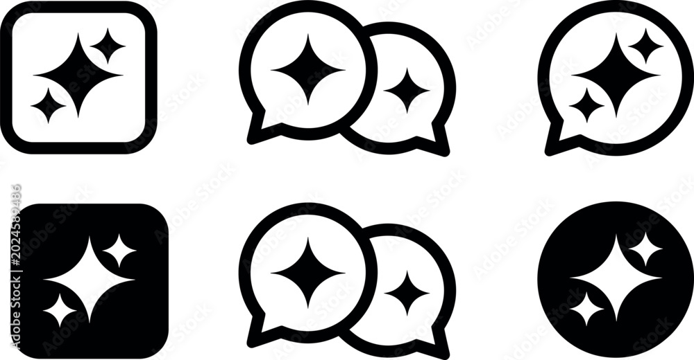 Fototapeta premium Artificial intelligence chat bot icon set with sparkle stars in speech bubbles for smart assistant communication and magic digital technology