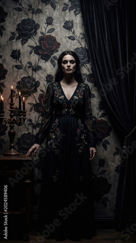 Mysterious woman in black dress standing in dark room