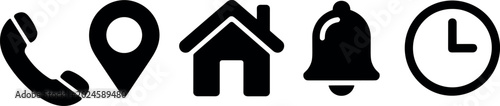 Essential contact and interface icon set featuring telephone location pin home house notification bell and clock for web design UI
