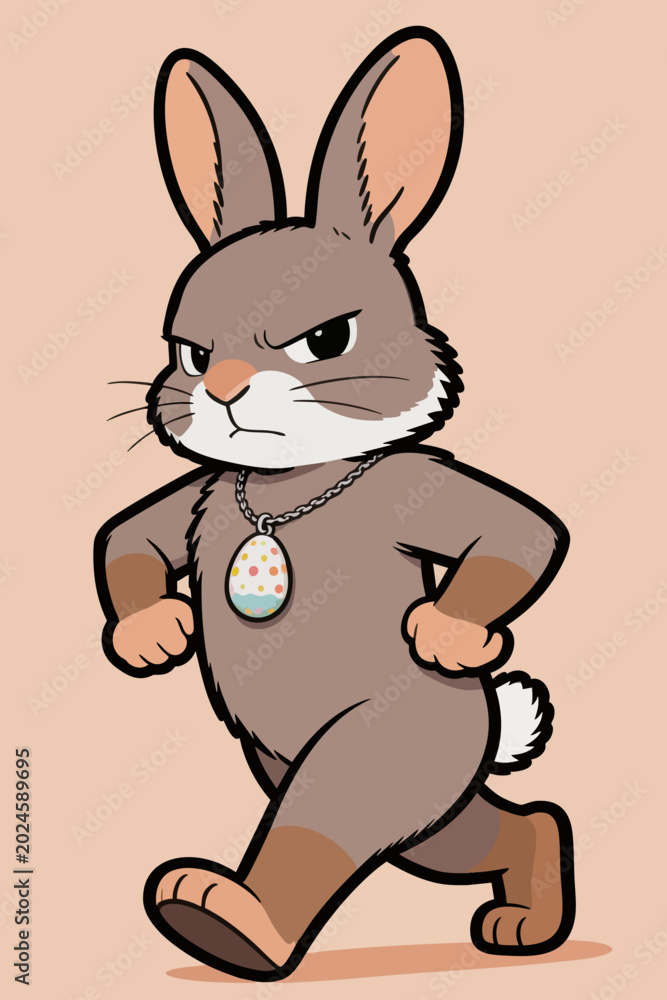 Fototapeta premium Angry Easter Bunny Walking with Egg Pendant