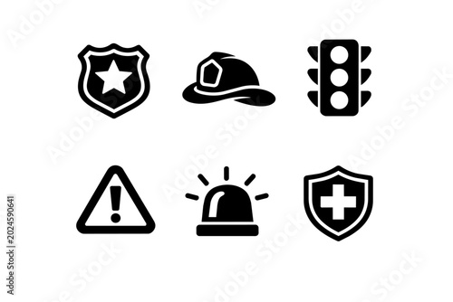 Vector set of safety and assistance line icons representing public services like police, fire department, and healthcare