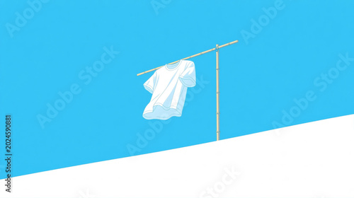 Minimalist flat illustration of a white T-shirt drying on a bamboo pole against a clear blue sky