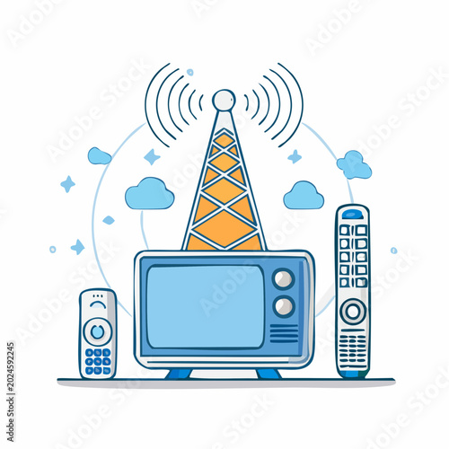 Television broadcast tower with retro TV and remote controls