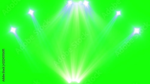 Vibrant green screen with dynamic white spotlight beams moving upwards