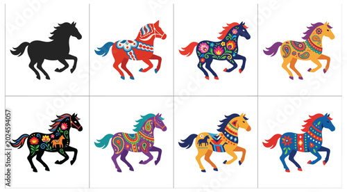 Collection of decorative horses in various floral patterns on transparent background