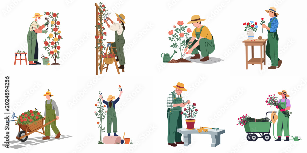 Fototapeta premium Set of flat vector illustrations showing people of various ages gardening, pruning roses, and tending to flowers with different garden tools.