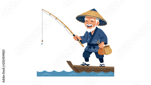 Asian old man fishing on boat.