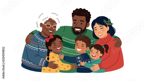 Diverse family with children smiling together.