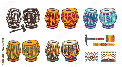 Foto Collection of tabla drums with mallet vector illustration on transparent backgro