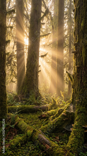 Sunlight rays streaming through trees in a dark forest