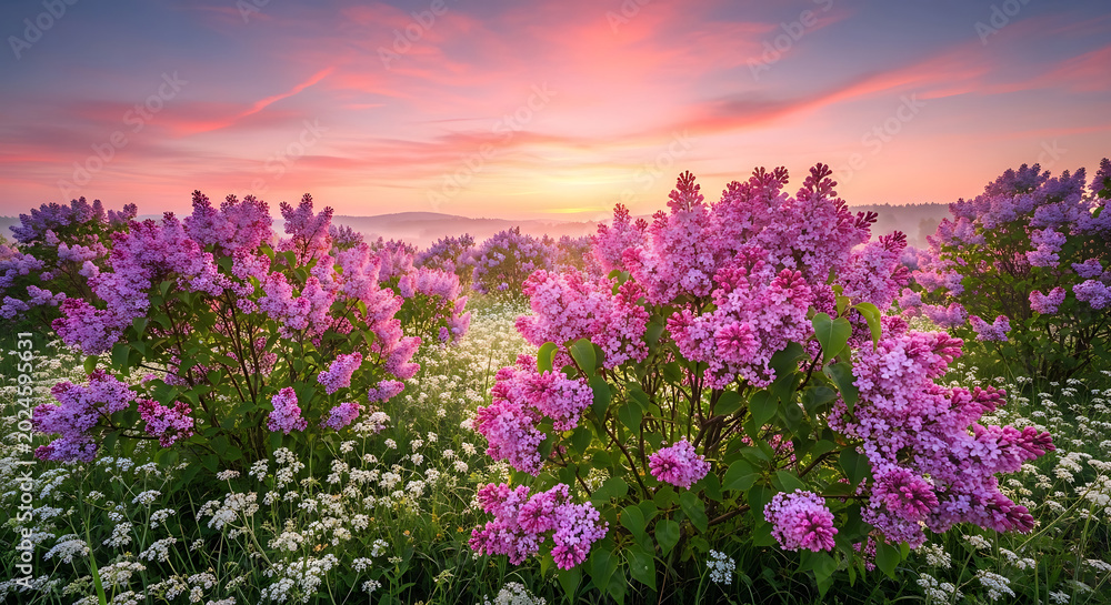Naklejka premium Beautiful Lilac Bushes Blooming in a Green Meadow at Vibrant Pink Sunset