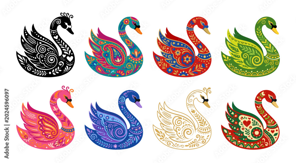 Obraz premium Swan illustrations ornate designs colorful vector set on white background