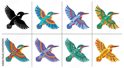 Colorful bird illustrations patterned wings isolated on white background