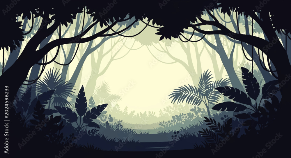Naklejka premium Vector Flat Design Illustration of a dense jungle path with lush tropical foliage and hanging vines in muted