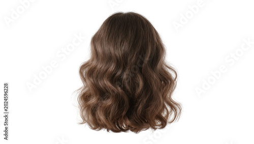 Isolated beautiful wavy brown hair wig or hairpiece with subtle reddish pinkish highlights beauty fashion