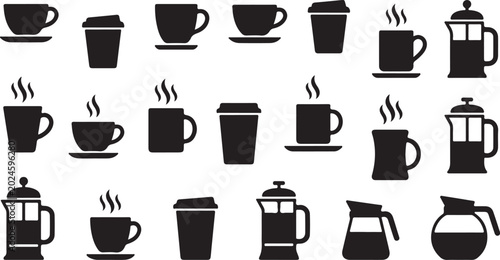 Tableau sur toile Black silhouettes of various coffee cups and coffee makers on white background