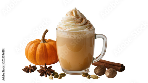 Foto Isolated pumpkin spice latte with whipped cream and cinnamon, surrounded by fall
