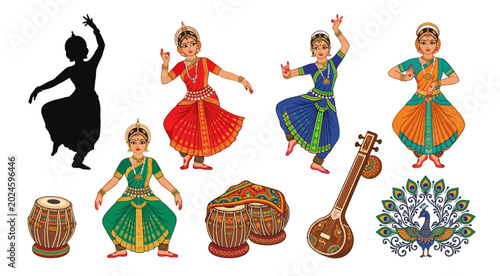 Indian dancers and musical instruments colorful vector illustration