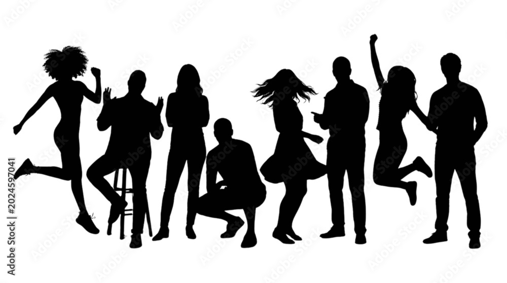 Fototapeta premium Group of diverse people dancing together in silhouette isolated on transparent background, Vector