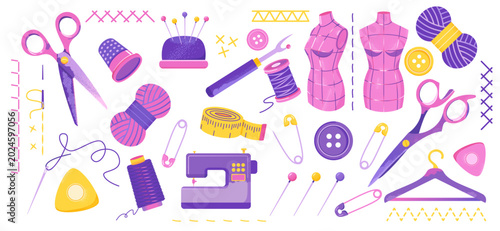 Tableau sur toile Sewing and Tailoring Tools Collection with Dress Form and Sewing Machine Vector