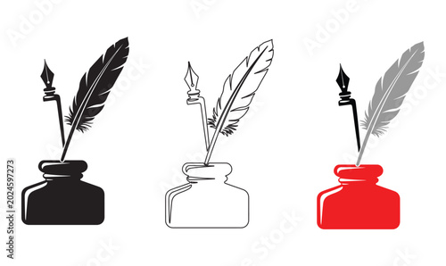 Cuadro en lienzo Three stylistic depictions of a quill pen and inkwell isolated on transparent ba