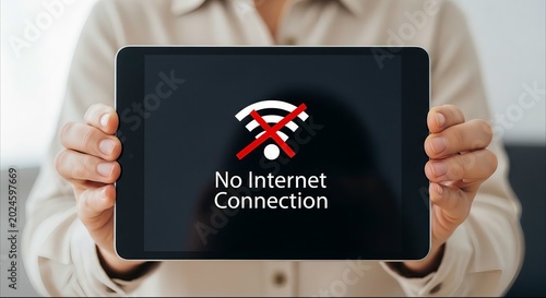Person holding digital tablet showing no internet connection status on screen