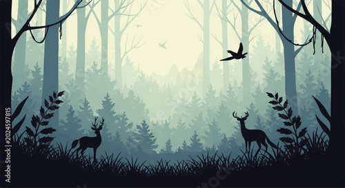 Photography Enchanting Vector Flat Design Illustration of a serene forest scene with two dee