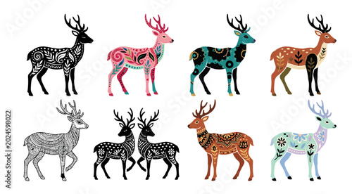 Decorative deer collection colorful floral patterned vector illustration