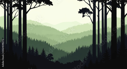 Photography Serene vector flat design illustration of layered green forest mountains and mis