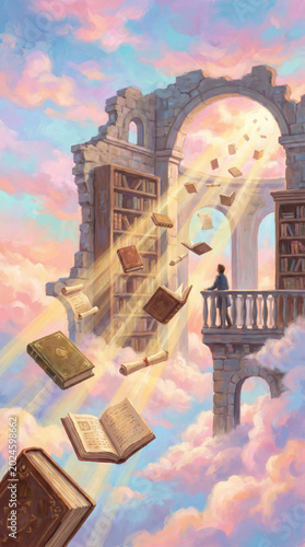 Person standing on balcony with flying books in clouds