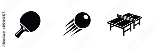 Cuadro en lienzo Table Tennis Equipment Icons with Paddle Racket Ball and Ping Pong Table