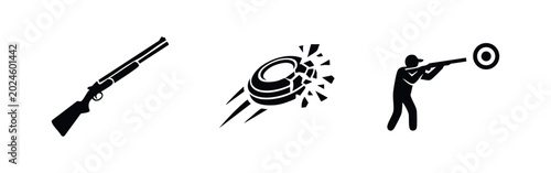 Quadro su tela Clay Pigeon Shooting Icons Set - Shotgun, Broken Target, and Shooter Silhouette