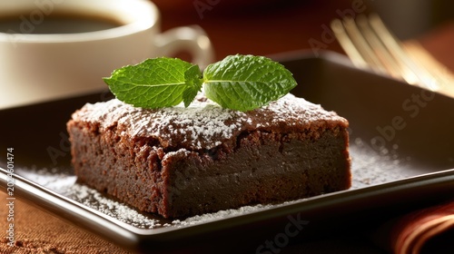 Chocolate Brownie Dessert with Mint and Coffee Close Up
