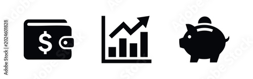 Photos Financial Icons Set with Wallet Profit Chart and Piggy Bank