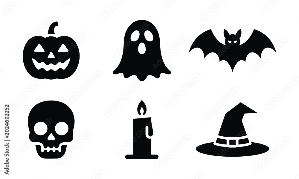 Obraz premium Classic halloween symbols collection with pumpkin ghost skull and candle icons.