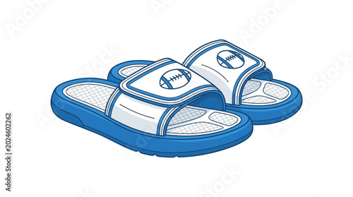 Sporty Slide Sandals, Casual Footwear, Outdoor Leisure, Digital Illustration, Vibrant Colors, Front View, Relaxed Lifestyle