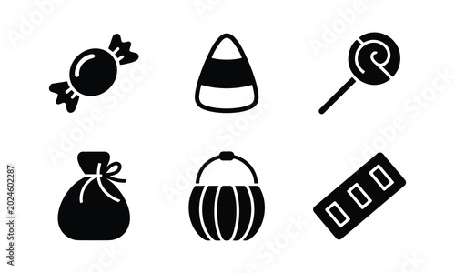 Halloween candy icons sweets trick or treat pumpkin bucket lollipop.