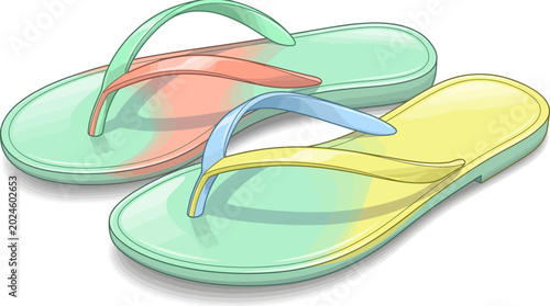 Vibrant Summer Flip Flops, Beach Vibes, Colorful Design, Illustration, Relaxing Atmosphere, Close-Up View, Fun Concept