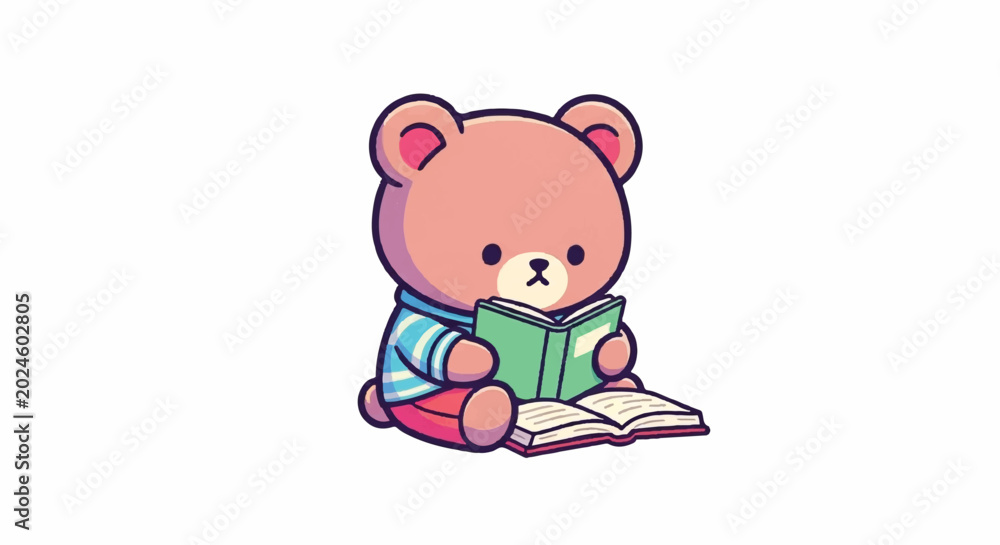 Fototapeta premium Cute Teddy Bear Reading a Book Illustration.