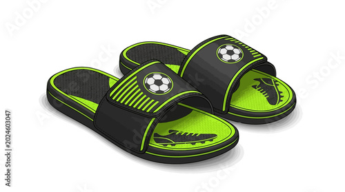 Action Soccer Slide Sandals Pair, Sportswear Product, Indoor Environment, Digital Illustration, Creative Angle