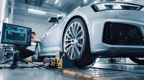 Modern Mechanic Adjusting Wheel Alignment in Auto Shop