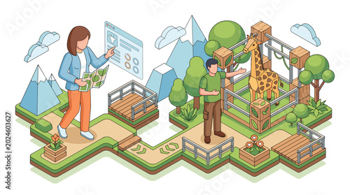Isometric Zoo Illustration with Visitor and Giraffe Enclosure