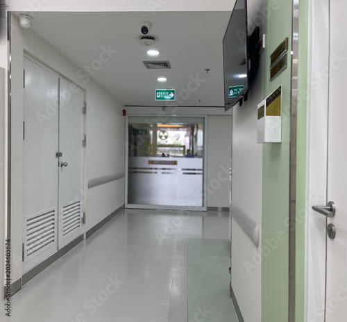 Hospital Corridor with Doors and Signage