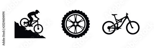 Картината върху платно Mountain biking icon set with downhill biker silhouette tire tread and mountain