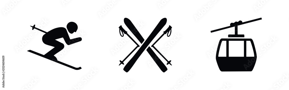Fototapeta premium Winter sports icon set with downhill skier crossed skis and mountain gondola silhouettes