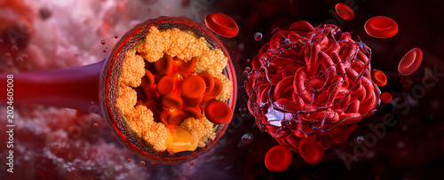 Canvastavla Atherosclerosis in artery cross section with cholesterol plaque buildup and blood clot formation, 3D medical illustration